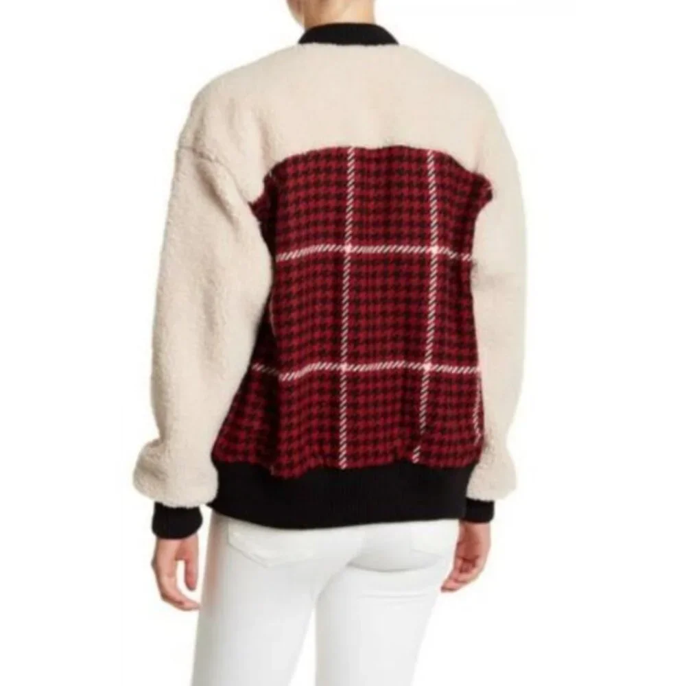 Ro & De Faux Shearling Varsity Bomber Jacket Women’s Small Red Plaid
